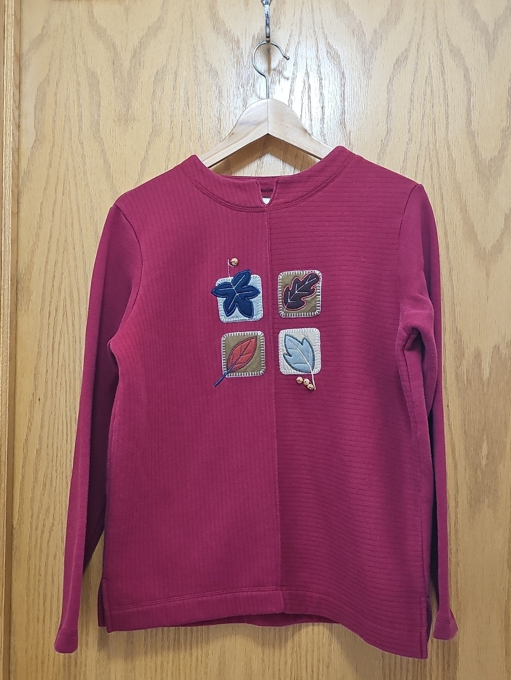 Bobbie Brooks Raspberry Red Long Sleeve Top with Embroidered Leaf Motifs